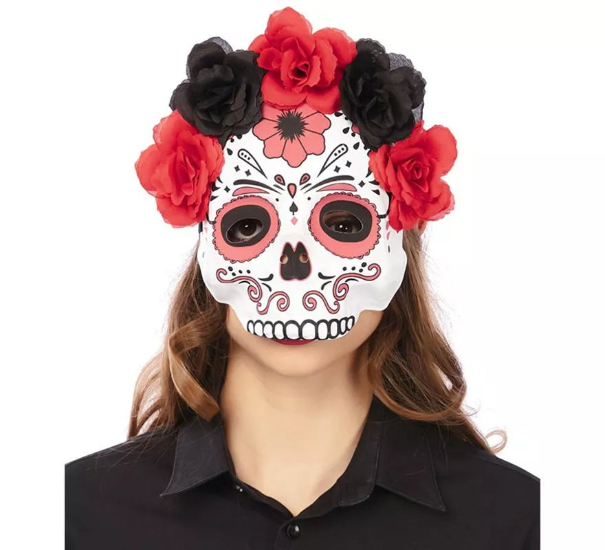 Translation missing: pt-PT.Media Máscara Catrina con flores adulto de 22x23 cm