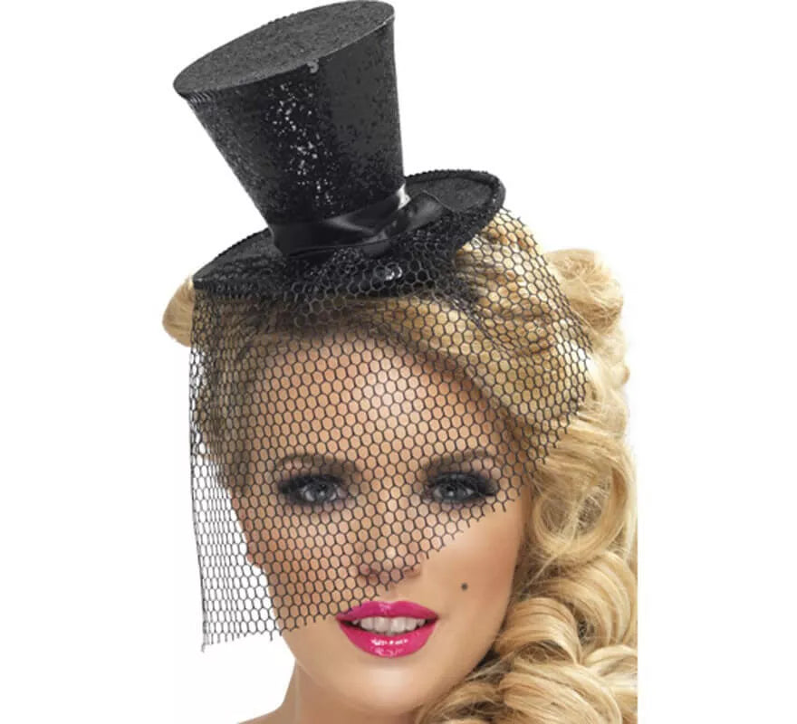 Translation missing: pt-PT.Mini Sombrero de Copa Burlesque Negro con Velo para Mujer