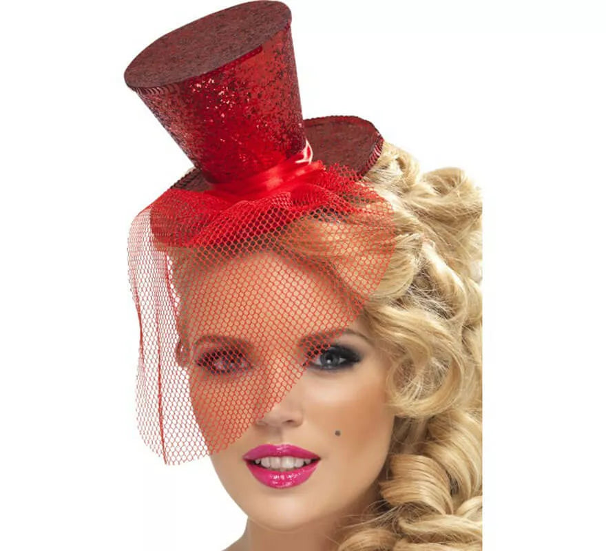 Translation missing: pt-PT.Mini Sombrero de Copa Burlesque Rojo con Velo para Mujer