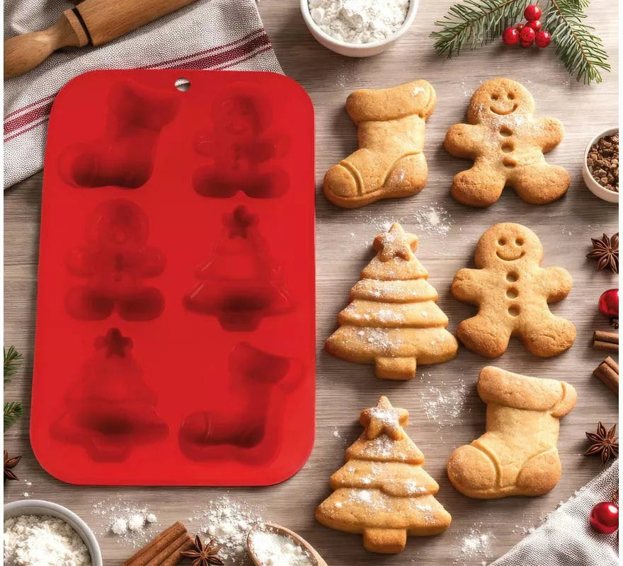 Translation missing: pt-PT.Molde de Silicona rojo para 6 Galletas Navideñas de 16x25 cm
