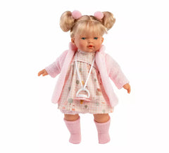 Boneca Roberta Llorona de 33 cm com vestido e casaco aos quadrados