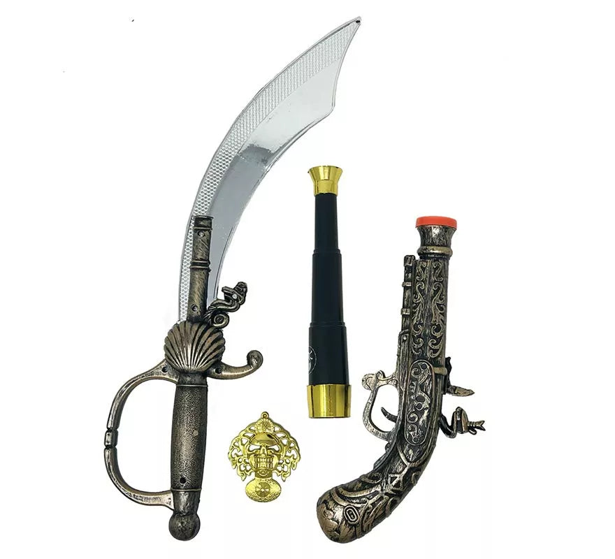 Translation missing: pt-PT.Pack Armas Pirata: Espada, Pistola, Catalejo y Medalla de Plástico