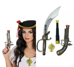 Pacote de Armas de Pirata: Espada, Pistola, Luneta e Medalha de Plástico