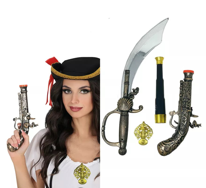 Translation missing: pt-PT.Pack Armas Pirata: Espada, Pistola, Catalejo y Medalla de Plástico