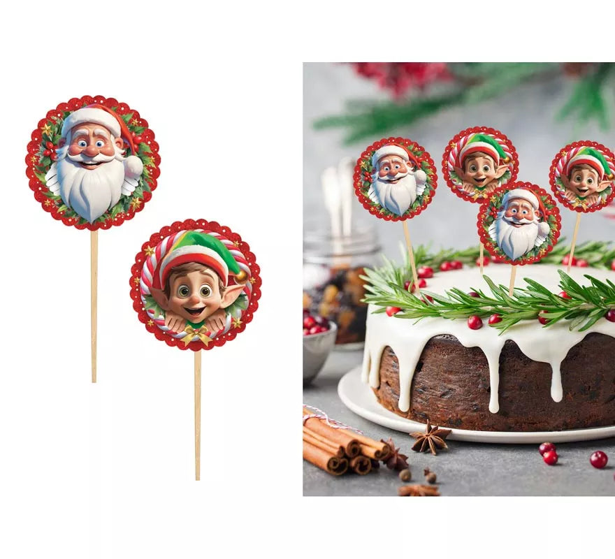 Translation missing: pt-PT.Pack de 12 Palillos Decorativos de Papá Noel y Elfo de 6 cm
