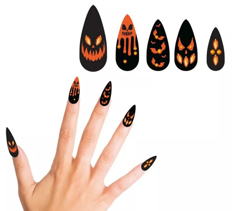 Translation missing: pt-PT.Pack de 12 Uñas Postizas Calabazas con Joyas
