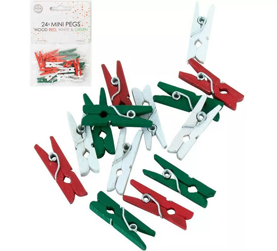 Translation missing: pt-PT.Pack de 24 Mini pinzas en Rojo, Blanco y Verde de madera