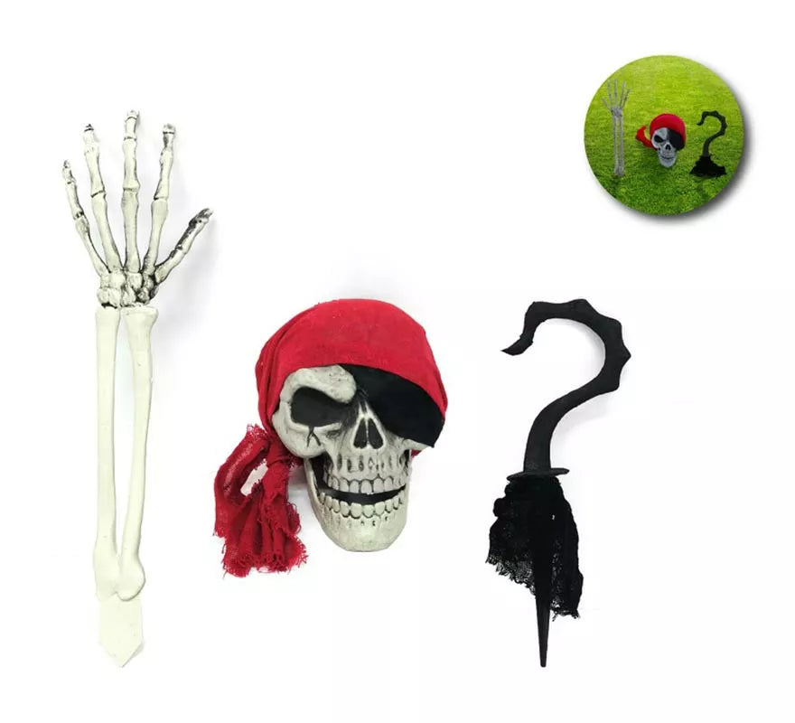 Translation missing: pt-PT.Pack de 3 piezas decorativas: Calavera, brazo esqueleto y garfio de 40 cm