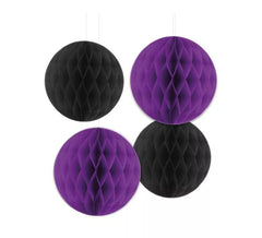 Pacote de 4 favos de mel de Halloween roxos e pretos de 25 e 30 cm
