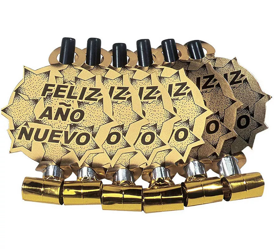 Translation missing: pt-PT.Pack de 6 Matasuegras Doradas 'Feliz Año Nuevo' para Nochevieja