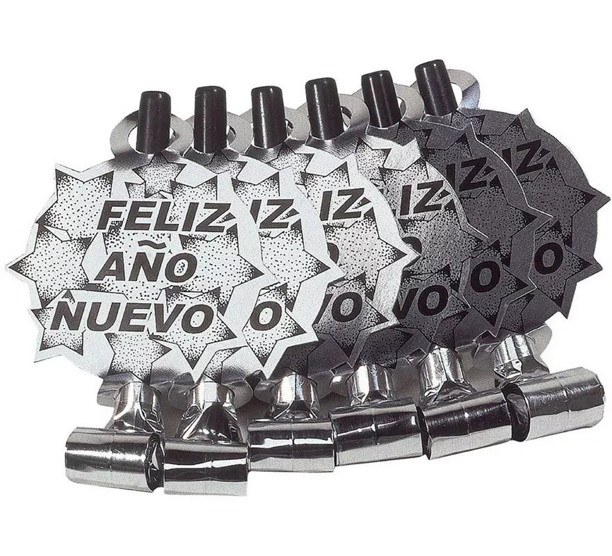 Translation missing: pt-PT.Pack de 6 Matasuegras Plateadas 'Feliz Año Nuevo' para Nochevieja