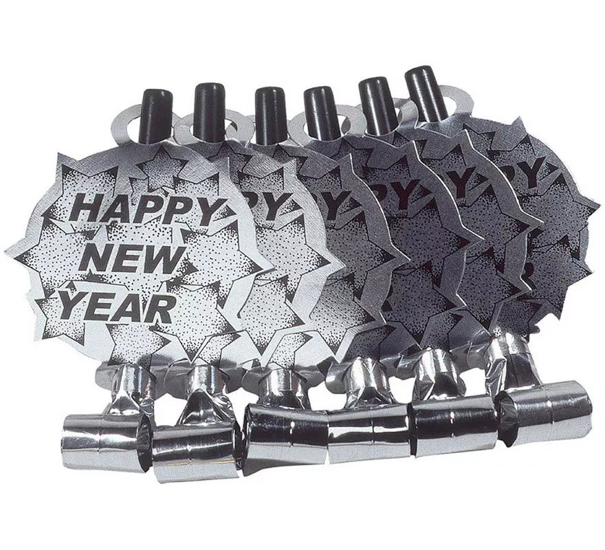Translation missing: pt-PT.Pack de 6 Matasuegras Plateadas 'Happy New Year' para Nochevieja