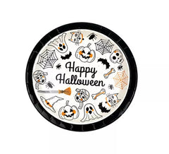 Pacote de 6 pratos com estampa Happy Halloween em preto e branco de 18 cm