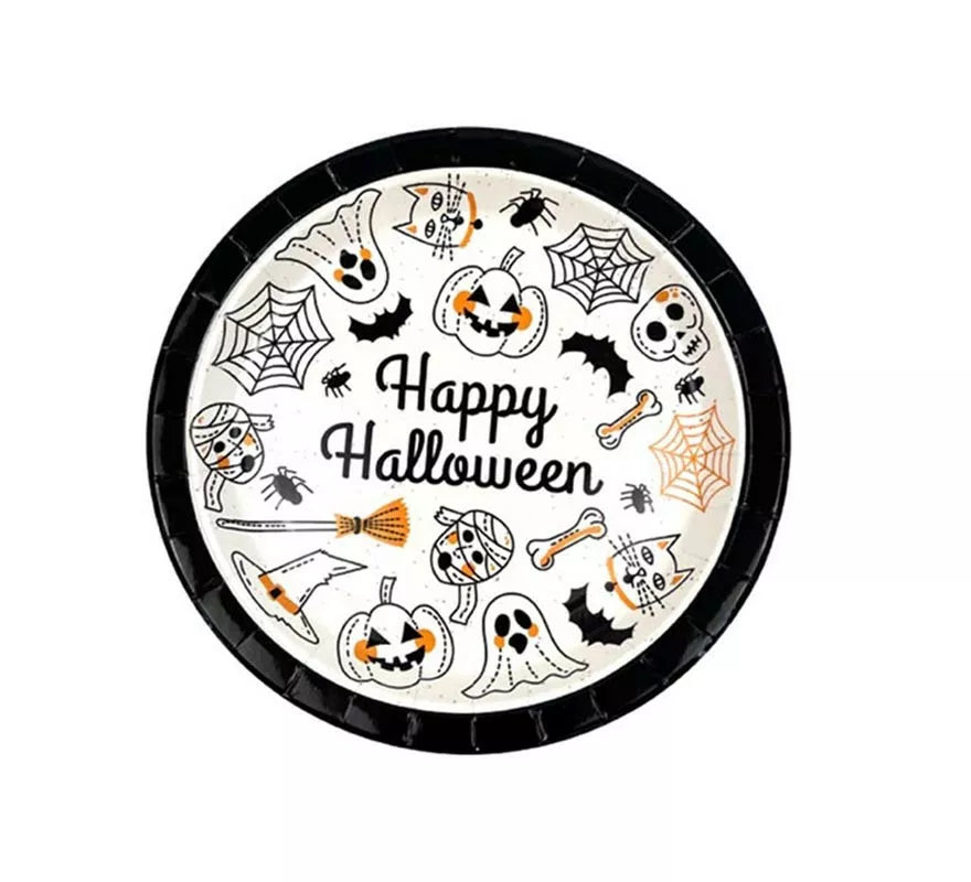 Translation missing: pt-PT.Pack de 6 Platos Happy Halloween Print blanco y negro de 18 cm