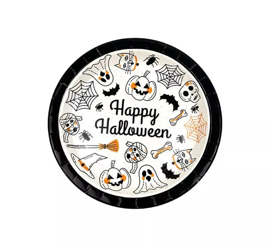 Translation missing: pt-PT.Pack de 6 Platos Happy Halloween Print blanco y negro de 23 cm