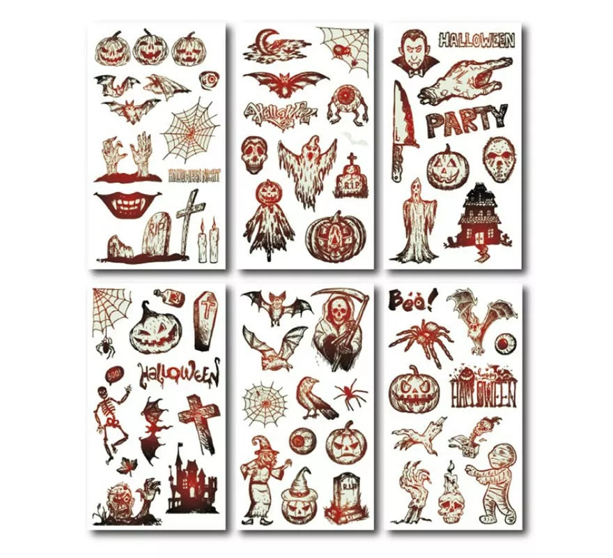 Translation missing: pt-PT.Pack de 6 Tatuajes Halloween luminiscente en modelos surtidos de 6,8 cm