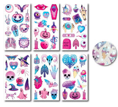 Pacote de 6 tatuagens de Halloween com glitter rosa em diversos modelos de 6,8 cm