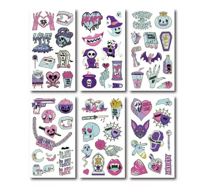 Translation missing: pt-PT.Pack de 6 Tatuajes luminiscente lila en modelos surtidos de 6,8 cm