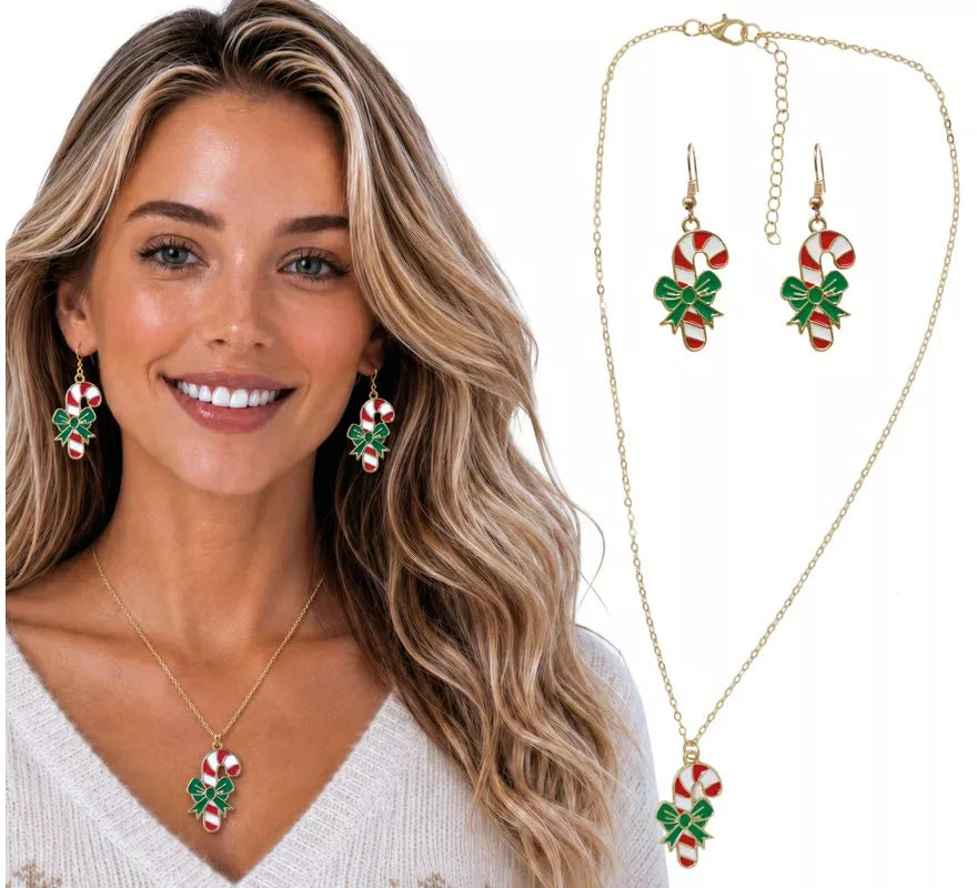 Pack de Pendientes y Collar de Bastón de Caramelo