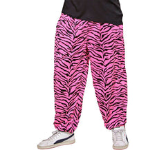 Calça masculina com estampa de zebra rosa dos anos 80