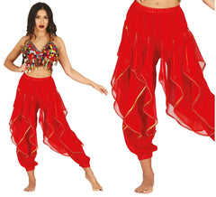 Calça dança do ventre vermelha com franjas douradas