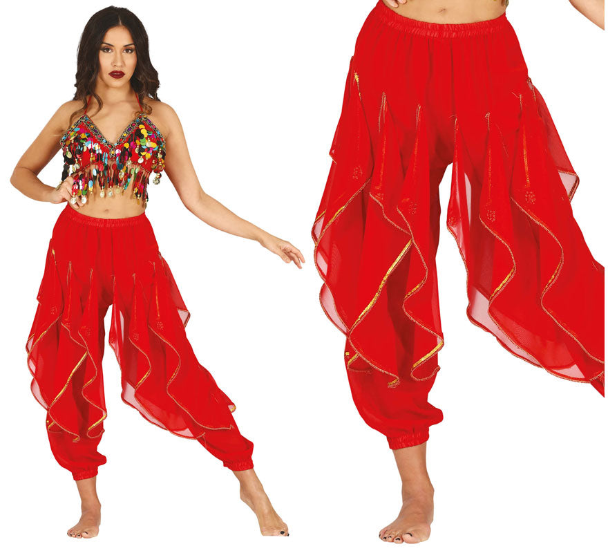Translation missing: pt-PT.Pantalones Danza del Vientre Rojo con Flecos Dorados