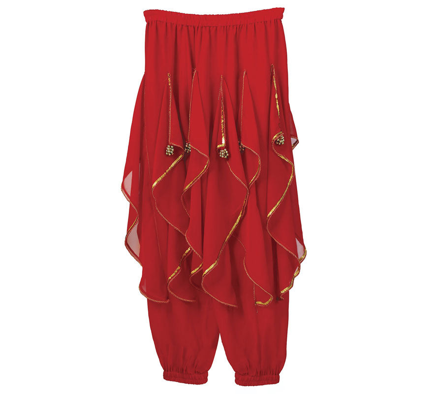 Translation missing: pt-PT.Pantalones Danza del Vientre Rojo con Flecos Dorados