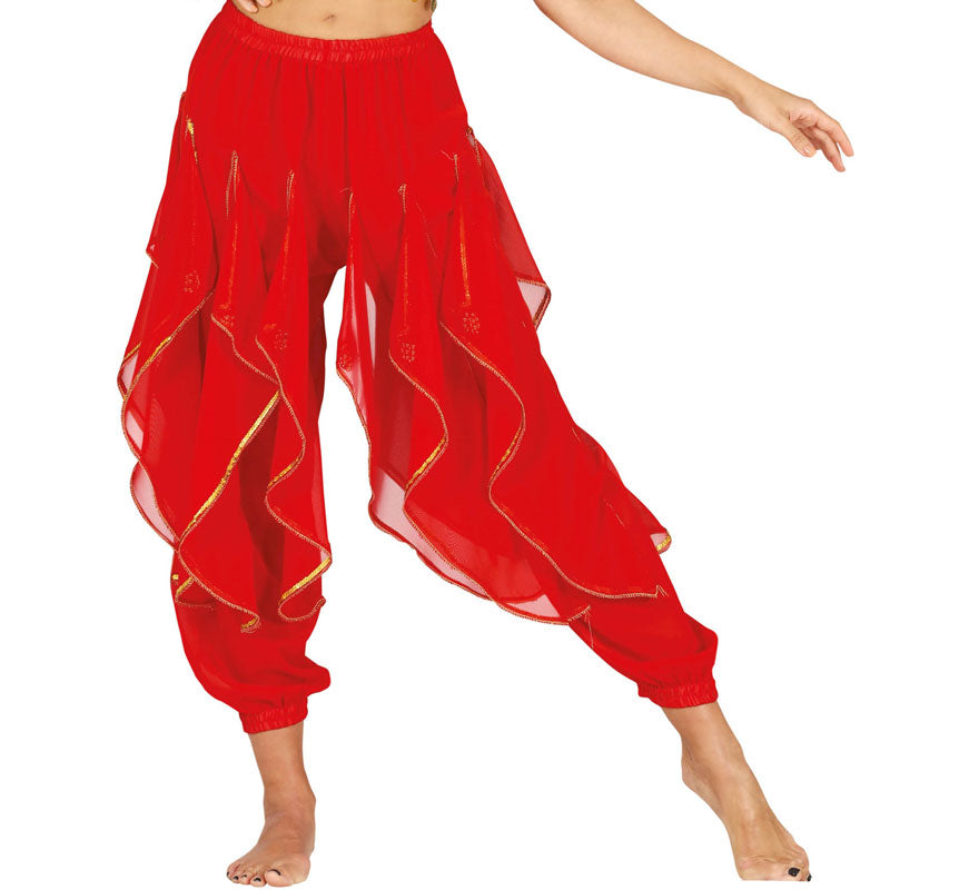 Translation missing: pt-PT.Pantalones Danza del Vientre Rojo con Flecos Dorados