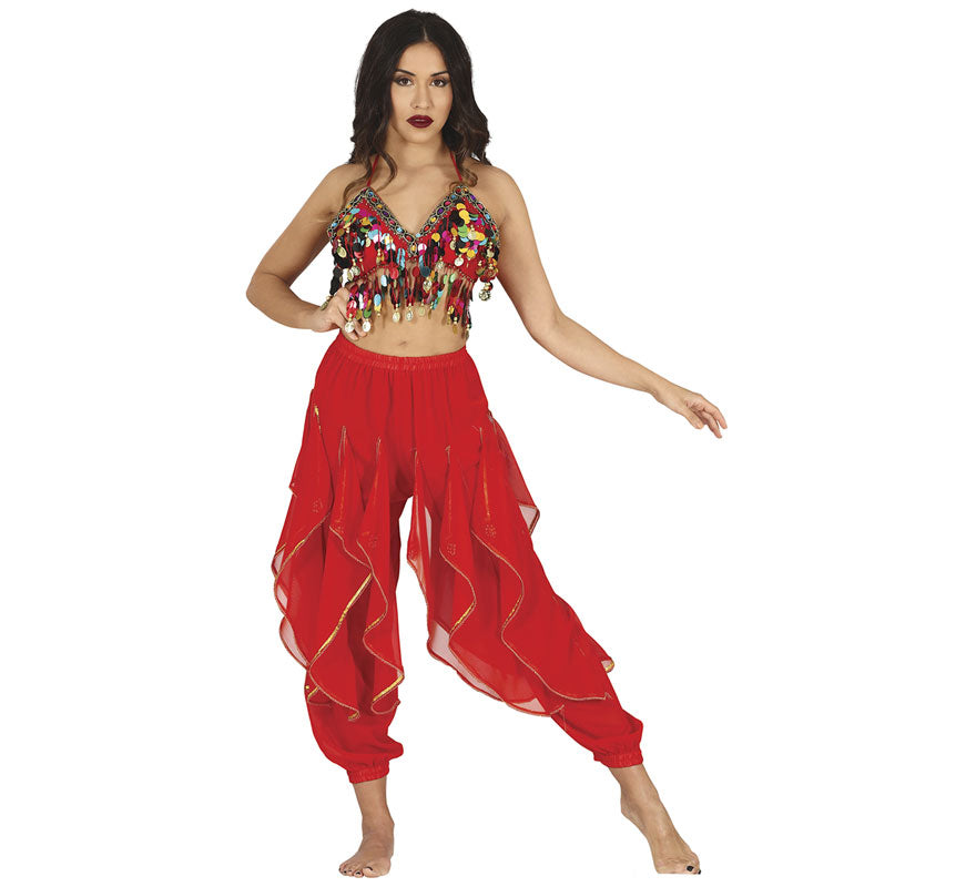 Translation missing: pt-PT.Pantalones Danza del Vientre Rojo con Flecos Dorados
