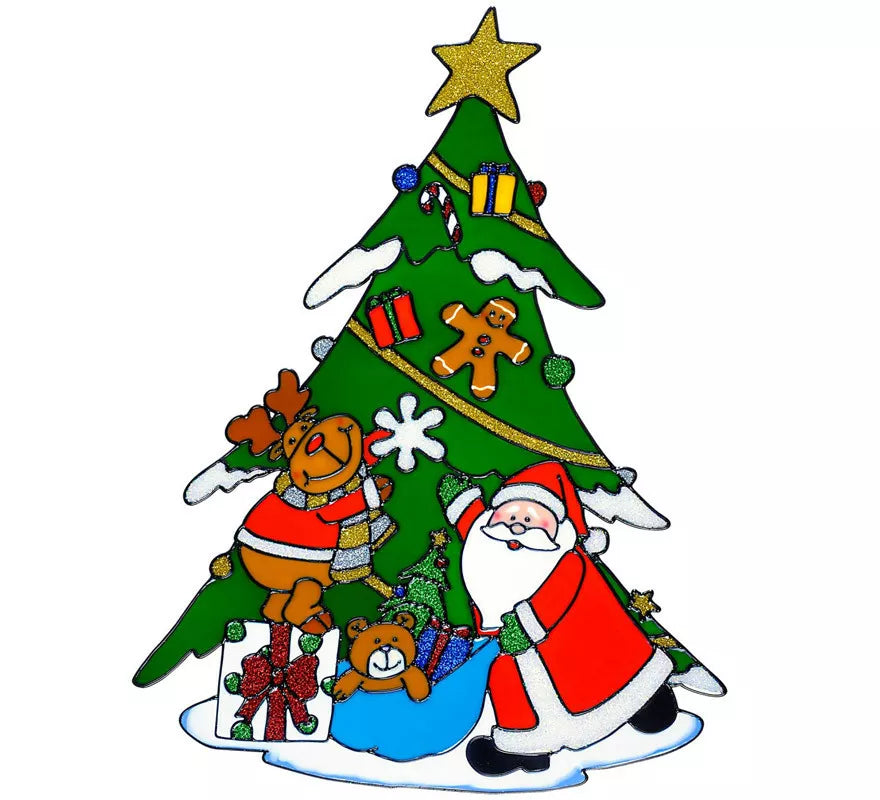Translation missing: pt-PT.Pegatina Ventana Árbol Navidad con Papá Noel y Reno de 40 cm