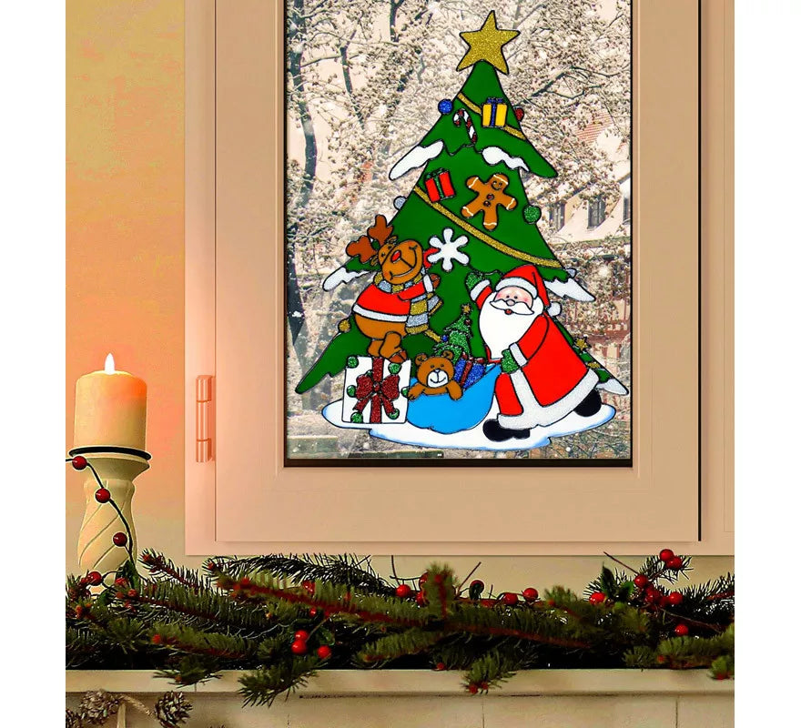 Translation missing: pt-PT.Pegatina Ventana Árbol Navidad con Papá Noel y Reno de 40 cm