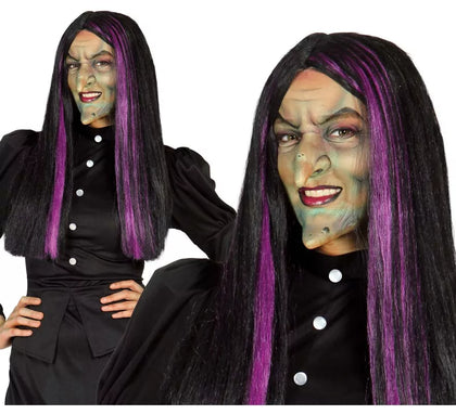 Peluca de Bruja con mechas lilas para Halloween