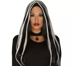 Peruca bruxa negra com mechas brancas Halloween