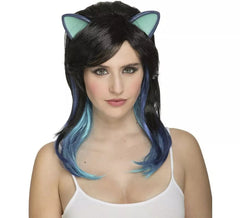 Peruca de gatinho preta com orelhas e mechas azuis