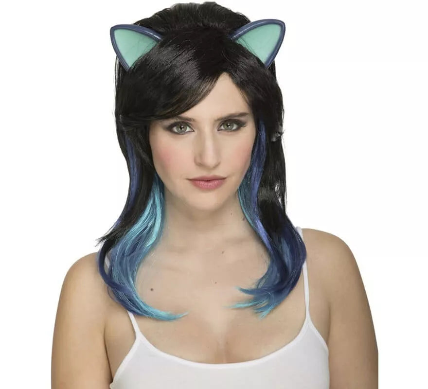 Translation missing: pt-PT.Peluca de Gatita Negra con Orejas y Mechas Azules