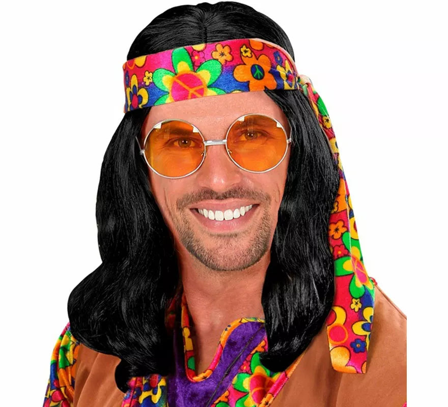 Peluca de Hippie negra con Bandana
