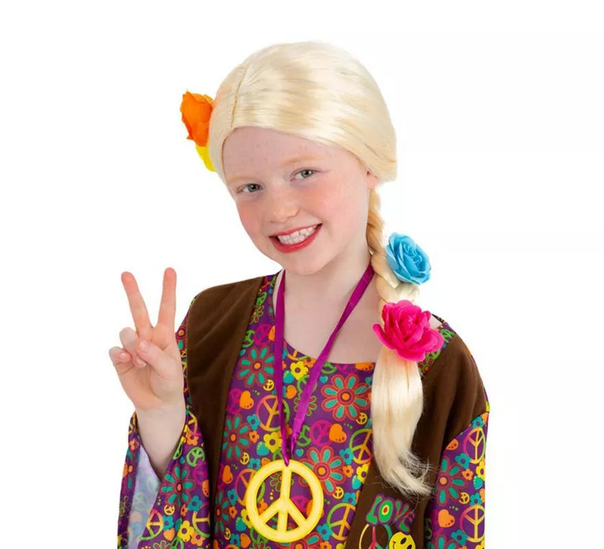 Translation missing: pt-PT.Peluca de Hippie trenza floreada rubia infantil