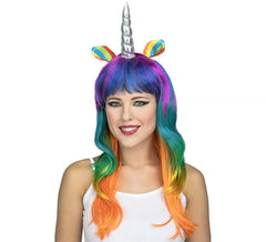 Peruca unicórnio multicolor com chifre e orelhas