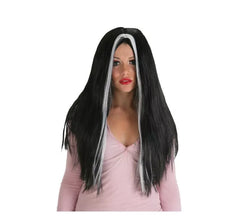 Peruca longa Morgana preta com mechas brancas