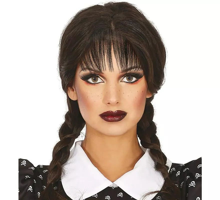 Peluca Trenzas negras con Flequillo en caja