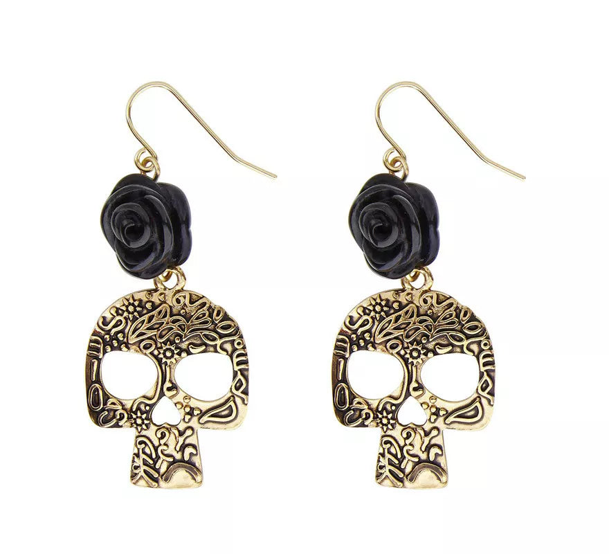 Pendientes de Calavera Dorada con Rosa Negra