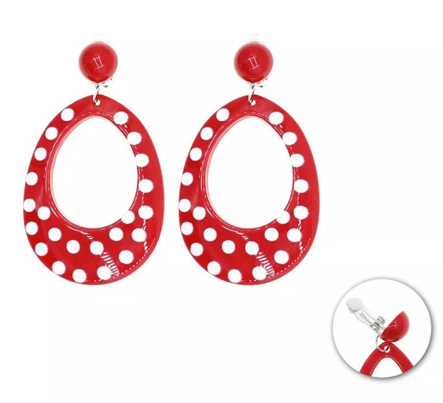 Translation missing: pt-PT.Pendientes Oval rojo mediano con topos blancos