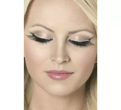 Pestanas pretas compridas com tira de glitter prateada e cola