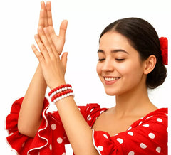 Pulseira sevilhana ou flamenca de 4 fileiras em vermelho e branco