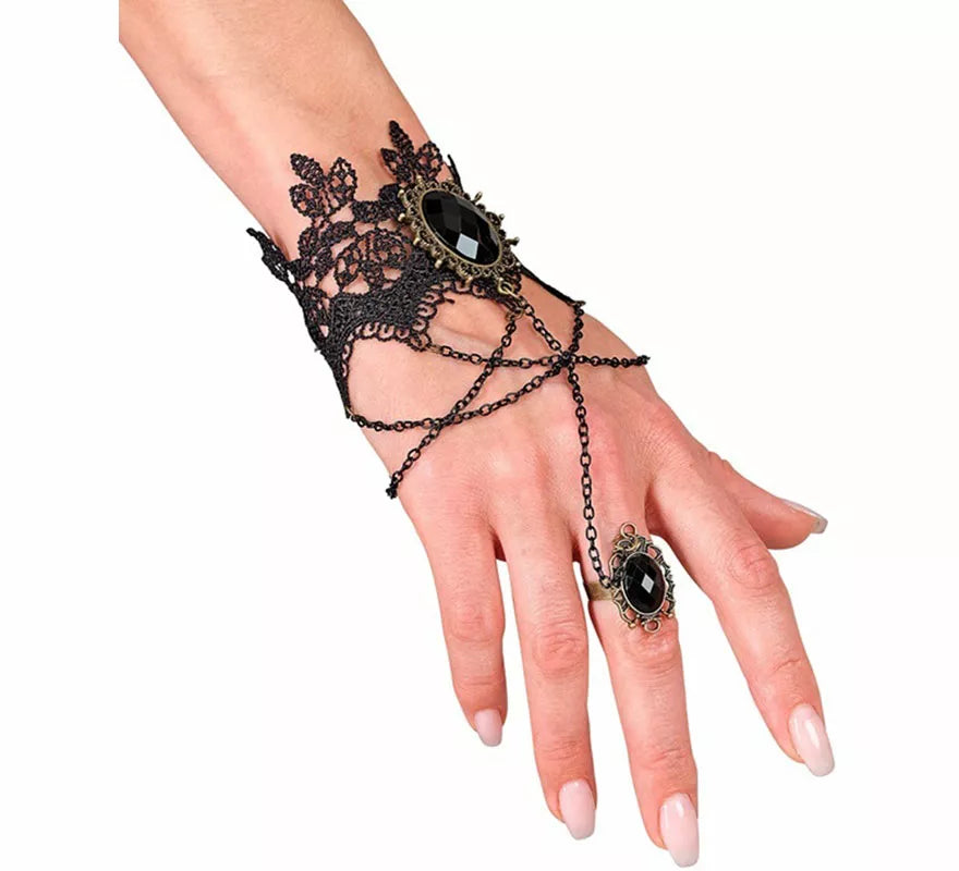 Translation missing: pt-PT.Pulsera de Encaje Gótica con Anillo y Gemas