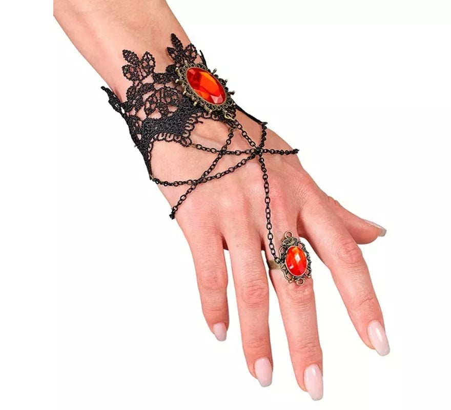 Translation missing: pt-PT.Pulsera Gótica de Encaje con Anillo y Gemas rojas