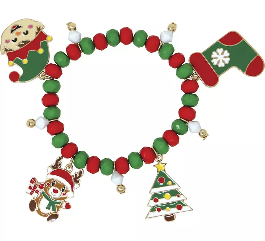 Translation missing: pt-PT.Pulsera roja y verde con Colgantes de Elfo y Muñeco de Nieve
