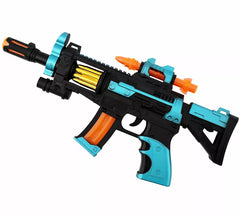 Rifle com luz, som e movimento, 33x15 cm, feito de plástico.