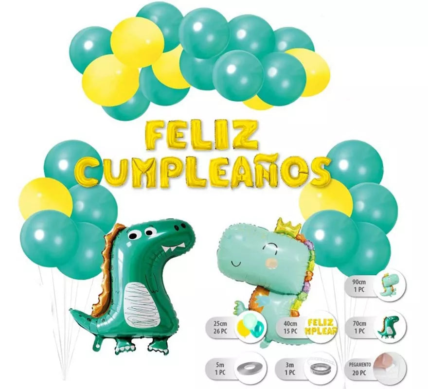 Set 26 pc Globos Dinosaurios con Guirnalda de Feliz Cumpleaños