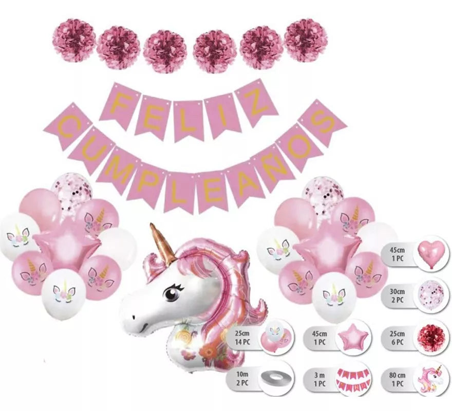 Translation missing: pt-PT.Set 26 pc Globos Unicornios con Guirnalda de Feliz Cumpleaños